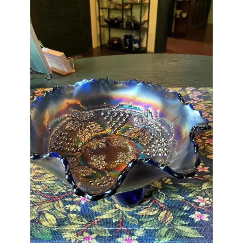 VTG‎ Fenton Blue Carnival Glass Ruffled 7.5